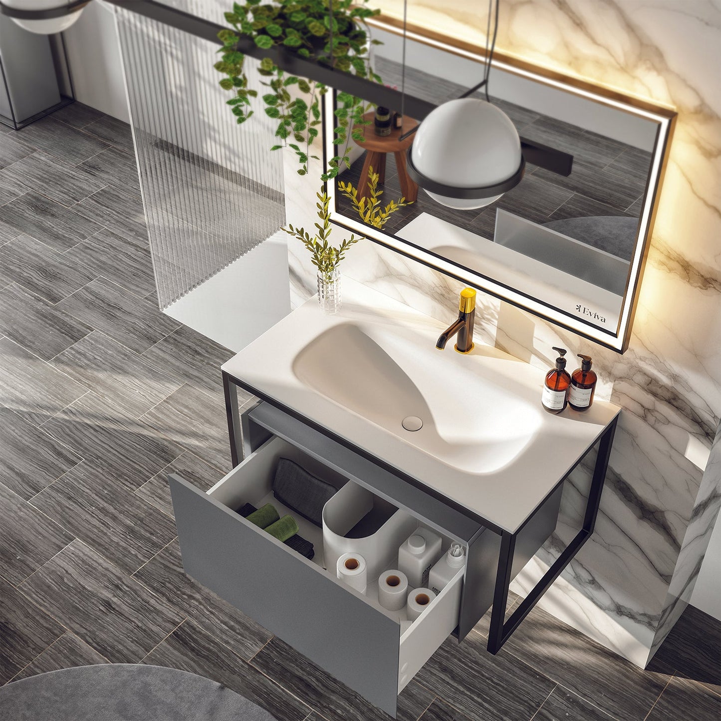 Modena 32"W x 18"D Gray Bathroom Vanity with Solid Surface Countertop and Integrated Sink