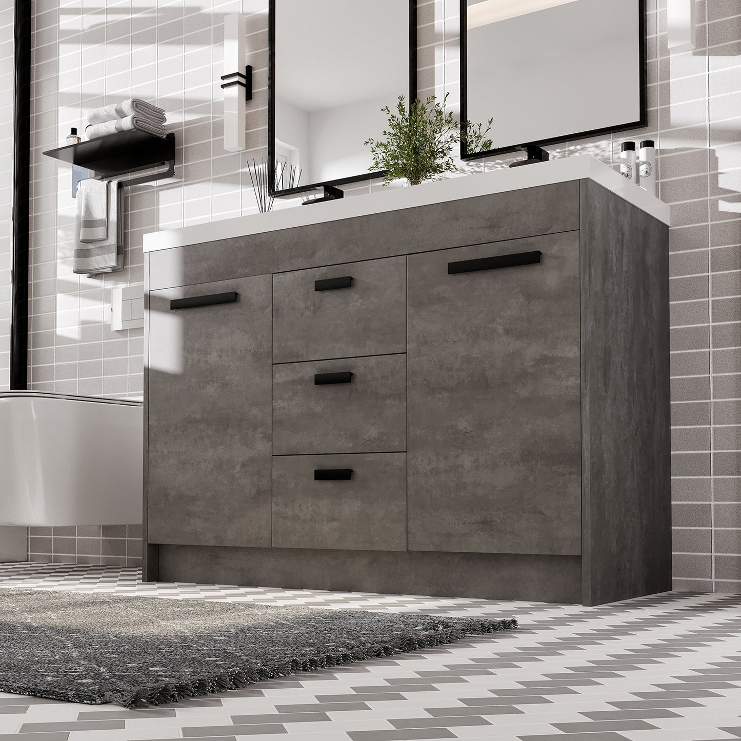 Lugano 48"W x 20"D Cement Gray Double Sink Bathroom Vanity with Acrylic Countertop and Integrated Sink