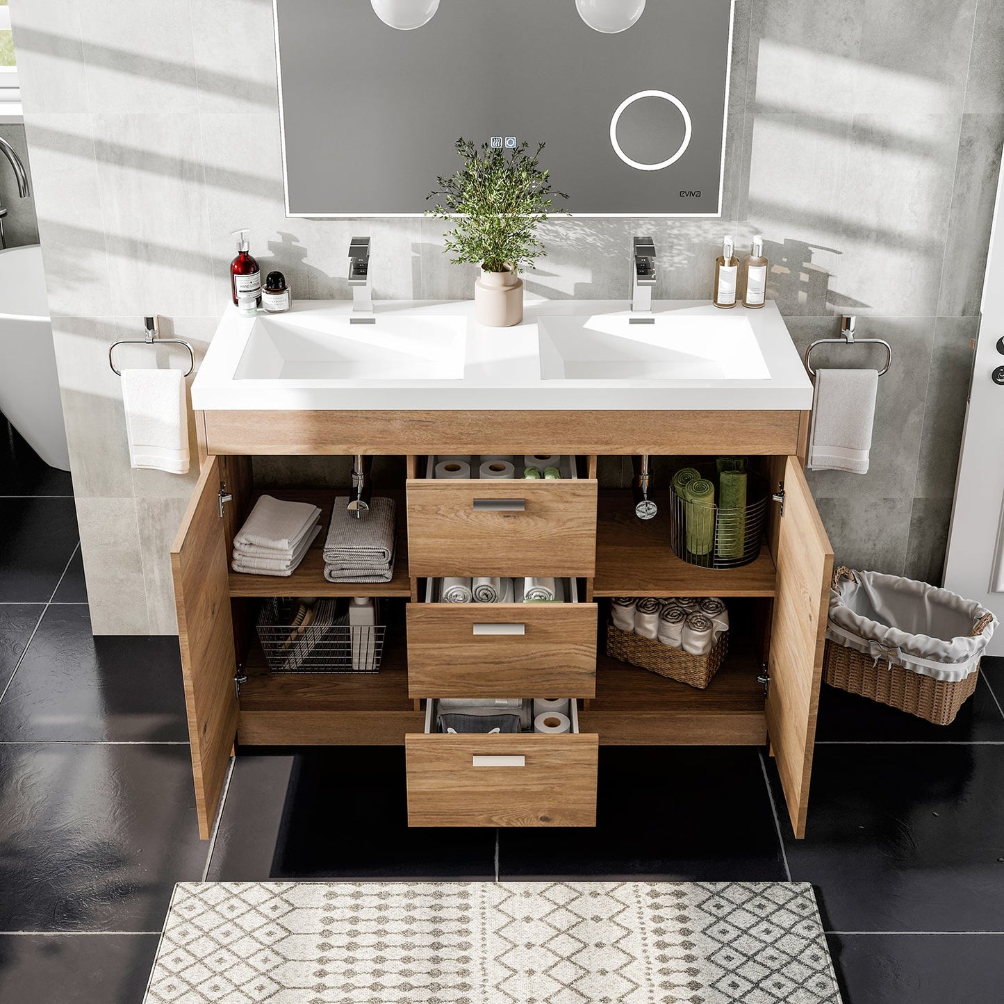 Lugano 48"W x 20" D Natural Oak Double Sink Bathroom Vanity with Acrylic Countertop and Integrated Sink