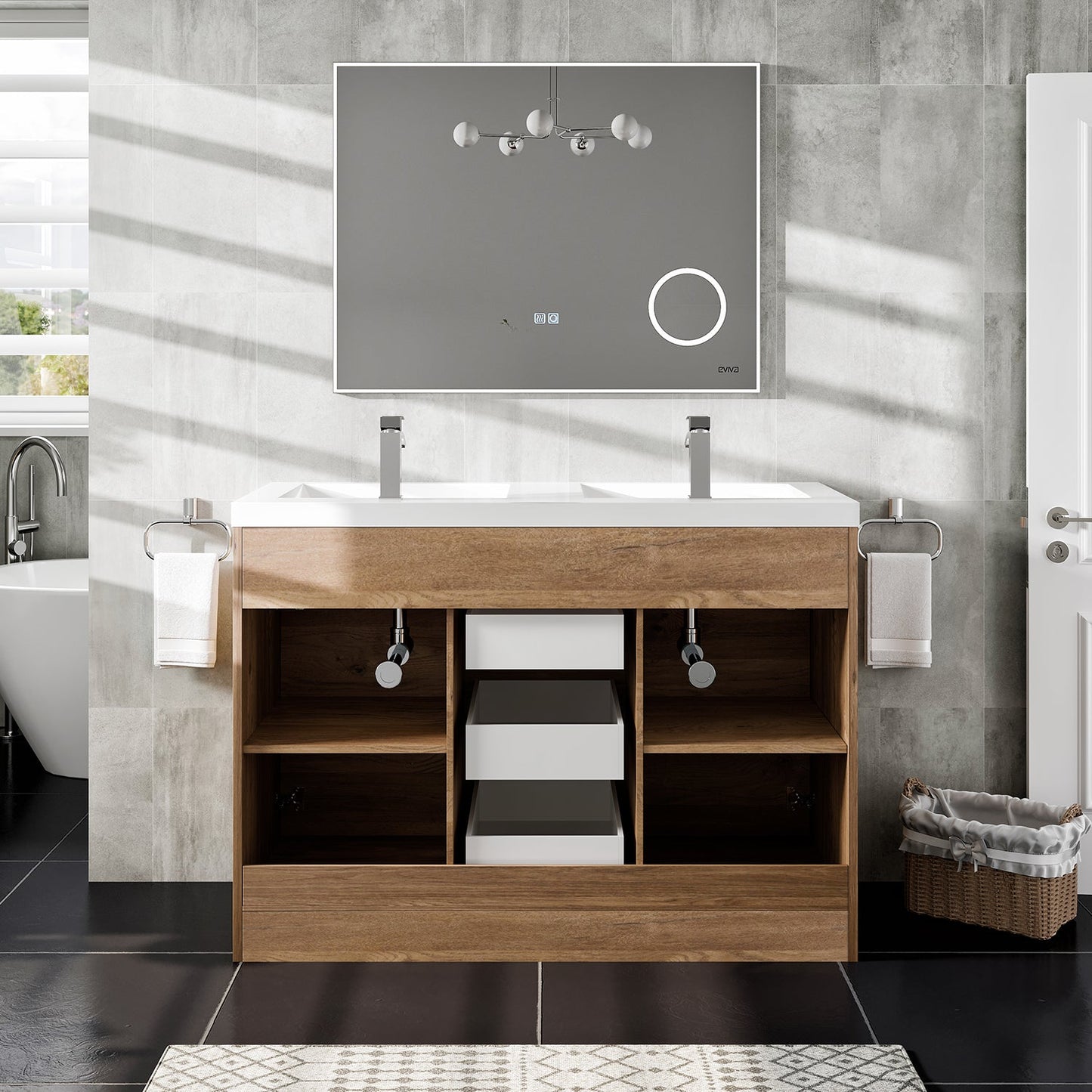 Lugano 48"W x 20"D Natural Oak Double Sink Bathroom Vanity with Acrylic Countertop and Integrated Sink