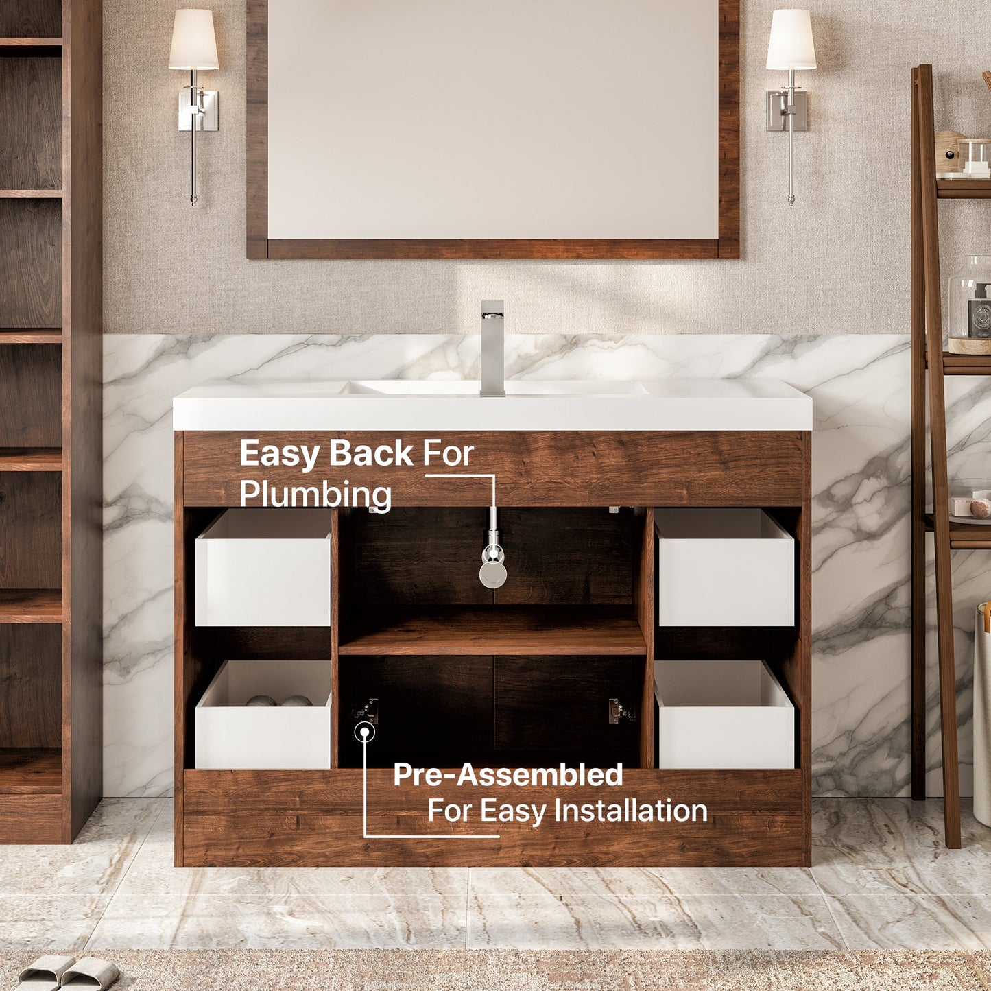 Lugano 48"W x 20" D Rosewood Bathroom Vanity with Acrylic Countertop and Integrated Sink