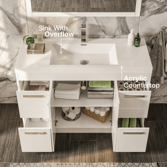 Lugano 42"W x 20" D White Bathroom Vanity with Acrylic Countertop and Integrated Sink