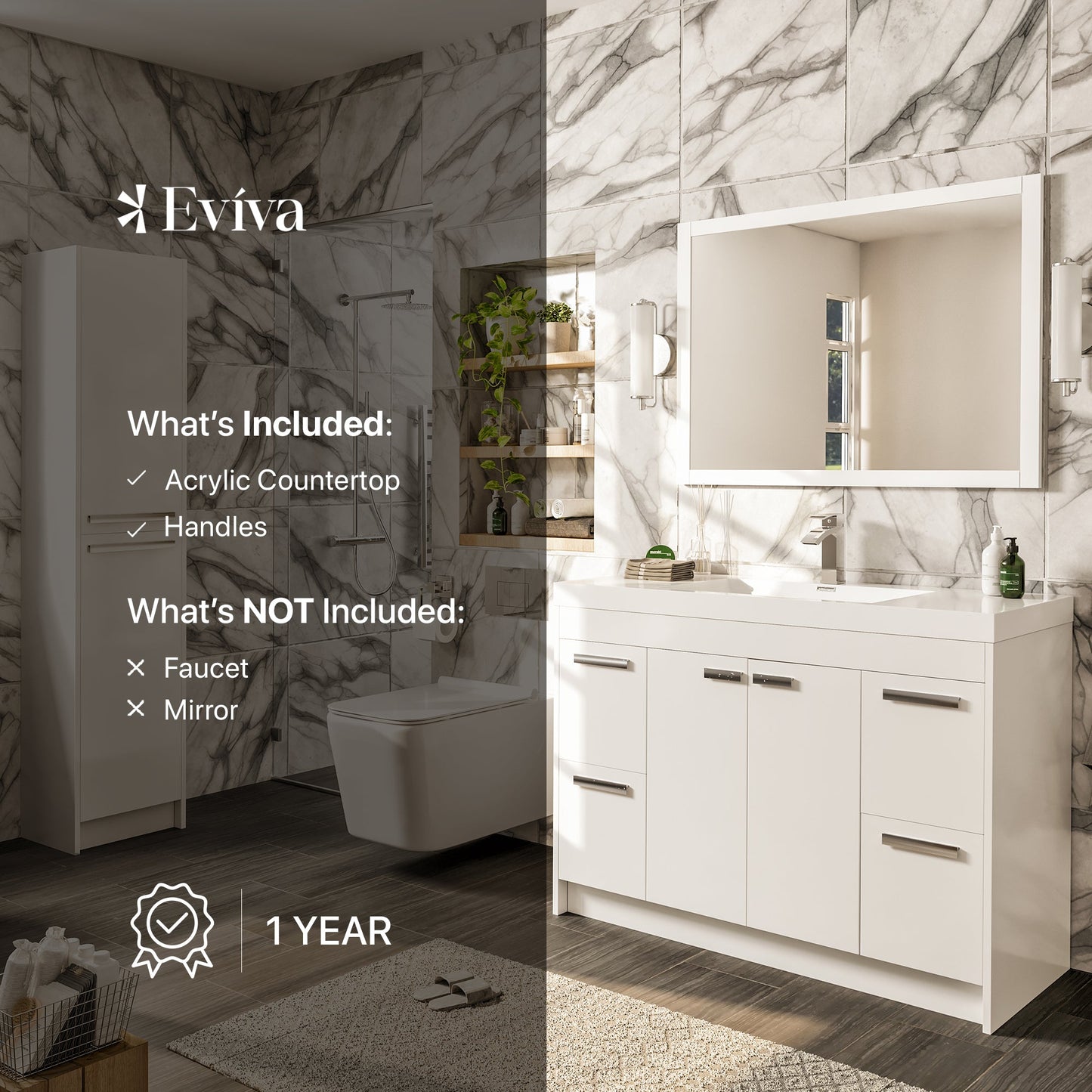 Lugano 42"W x 20"D White Bathroom Vanity with Acrylic Countertop and Integrated Sink