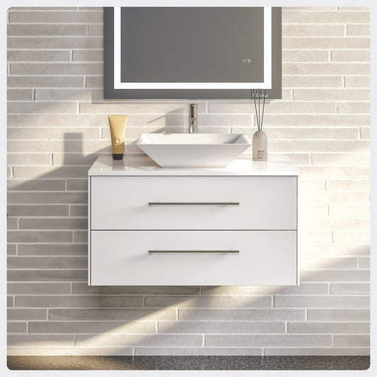 Wave 30"W x 22"D White Wall Mount Bathroom Vanity with White Quartz Countertop and Vessel Porcelain Sink