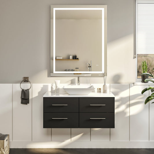 Wave 36"W x 22"D Espresso Wall Mount Bathroom Vanity with White Quartz Countertop and Vessel Porcelain Sink