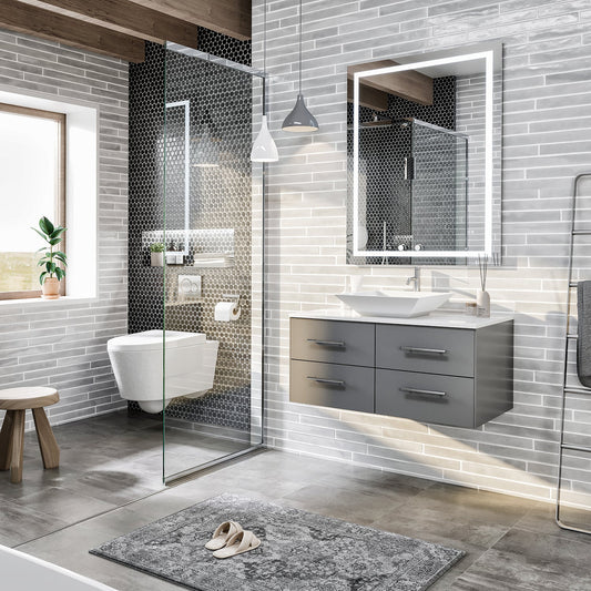 Wave 36"W x 22"D Gray Wall Mount Bathroom Vanity with White Quartz Countertop and Vessel Porcelain Sink