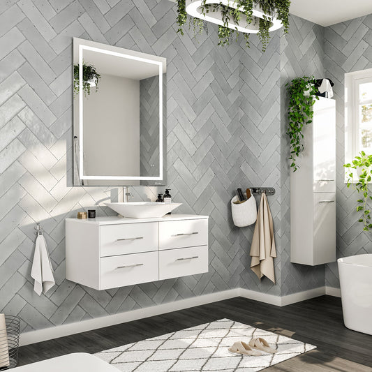 Wave 36"W x 22"D White Wall Mount Bathroom Vanity with White Quartz Countertop and Vessel Porcelain Sink