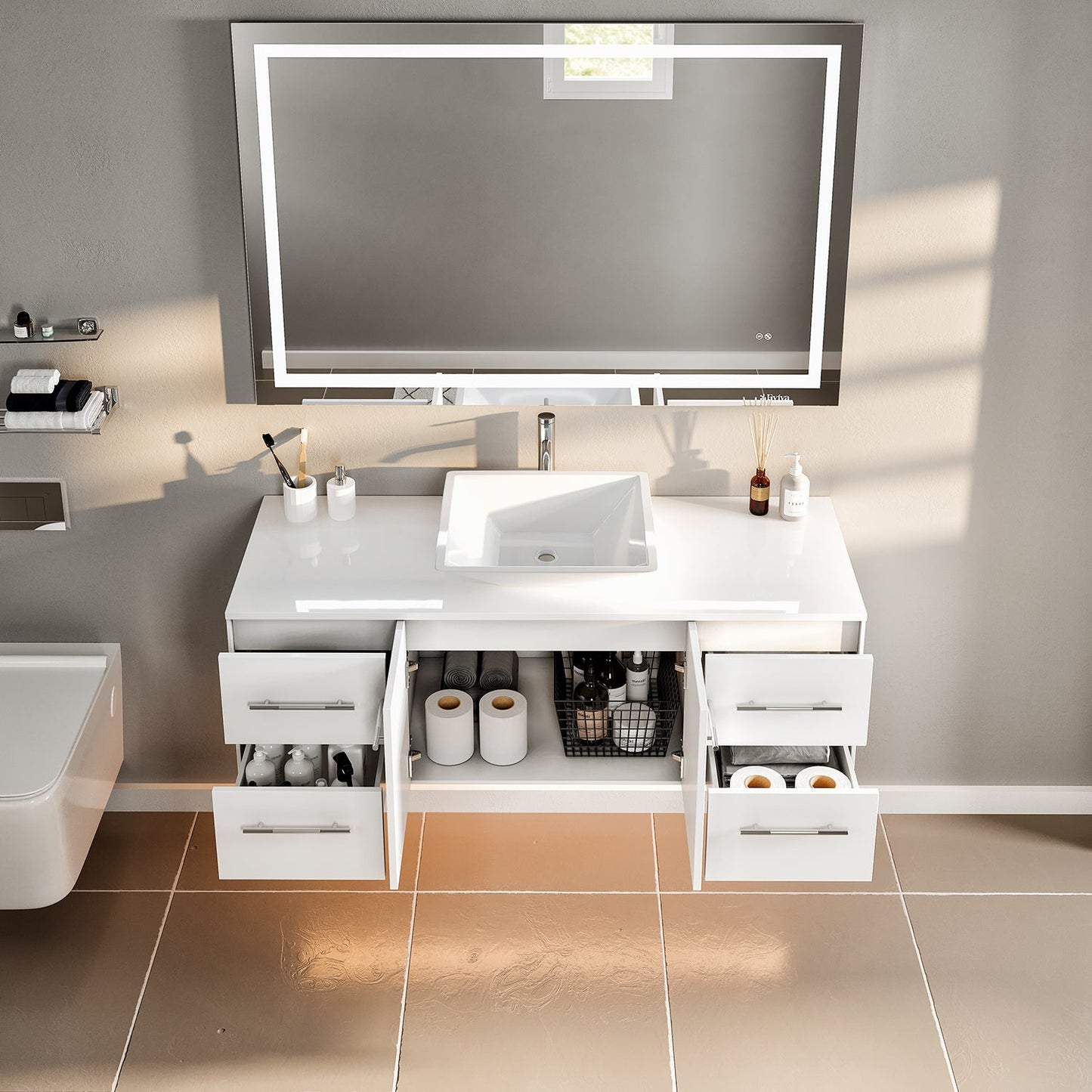 Wave 48"W x 22"D White Bathroom Vanity with White Quartz Countertop and Vessel Porcelain Sink