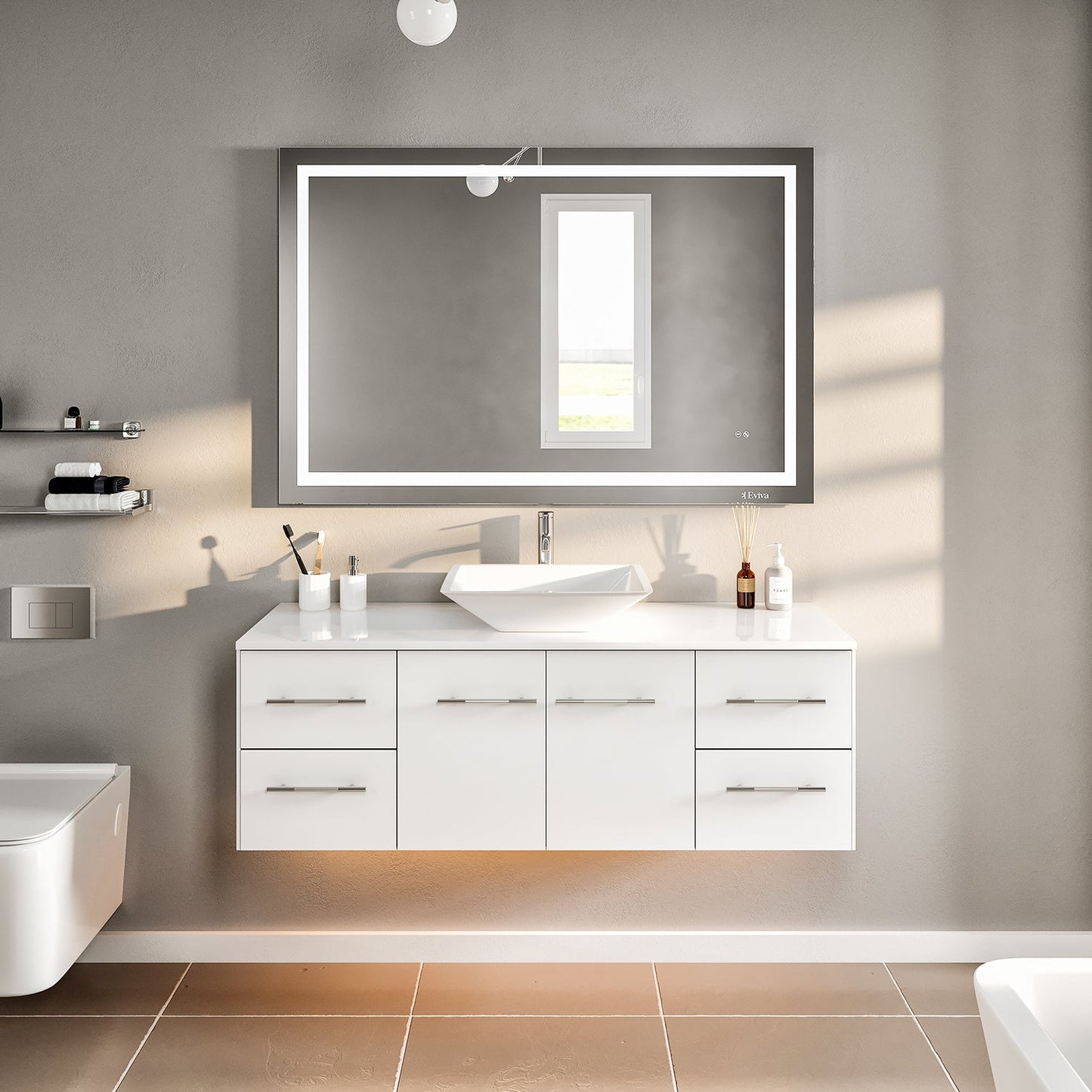Wave 48"W x 22"D White Bathroom Vanity with White Quartz Countertop and Vessel Porcelain Sink