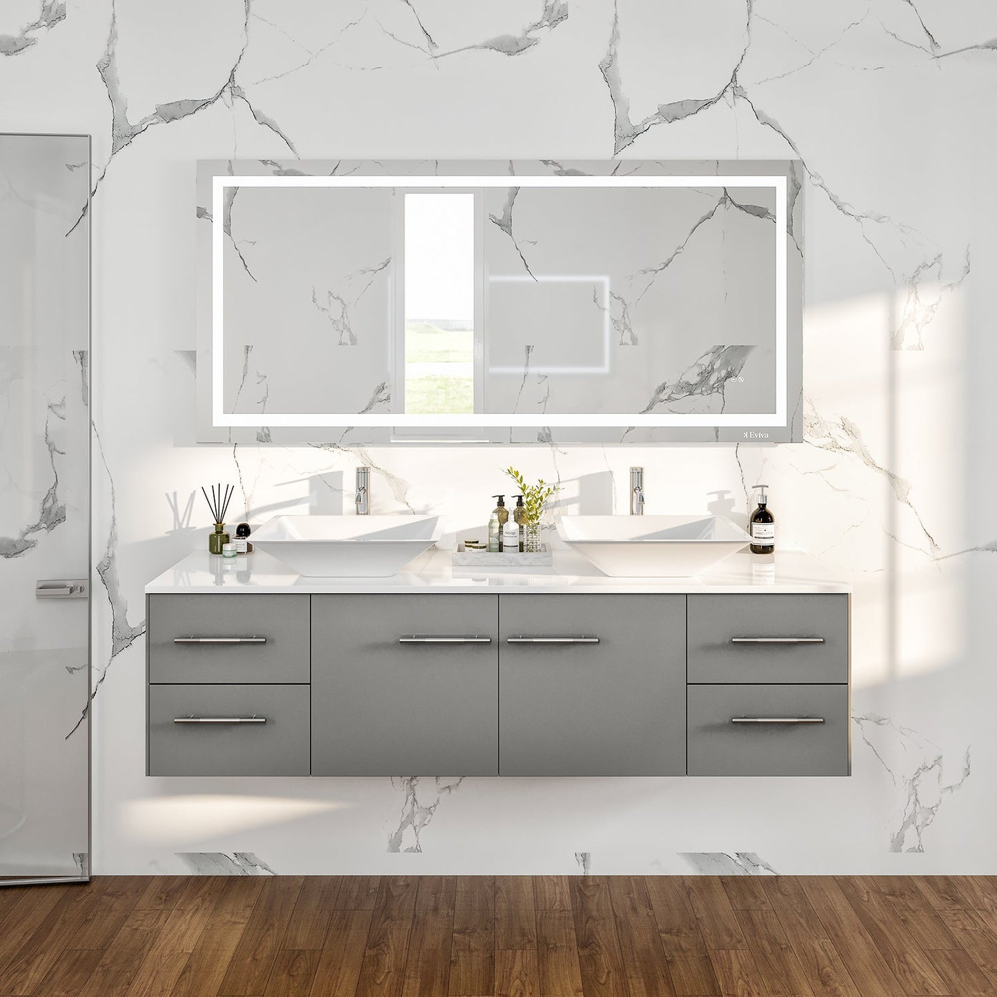 Wave 72"W x 22"D Gray Double Sink Bathroom Vanity with White Quartz Countertop and Vessel Porcelain Sink