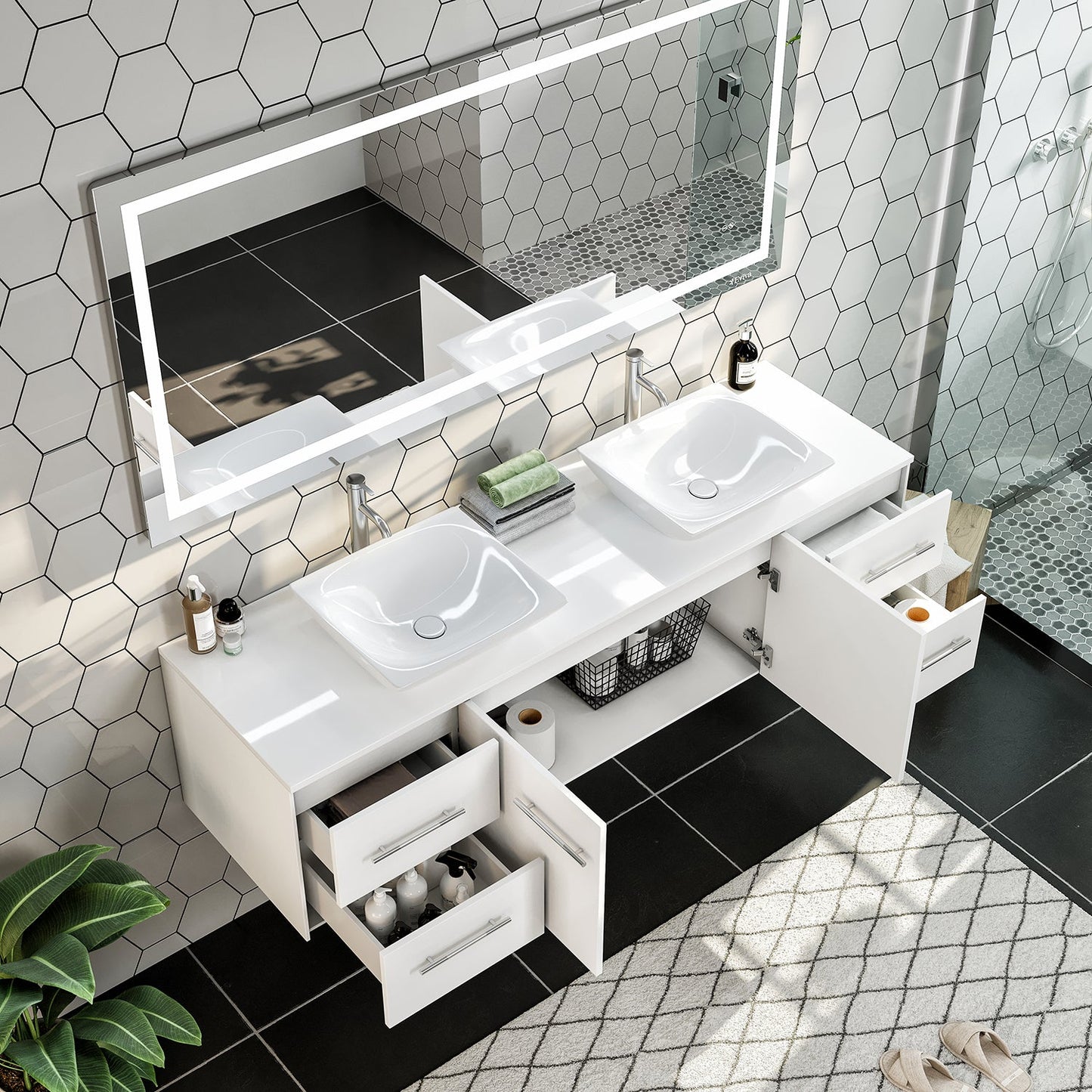 Wave 60"W x 22"D White Double Sink Bathroom Vanity with White Quartz Countertop and Vessel Porcelain Sink