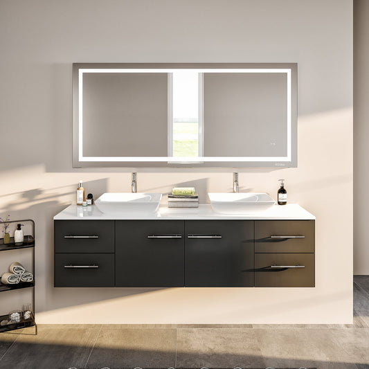 Wave 72"W x 22"D Espresso Double Sink Wall Mount Bathroom Vanity with White Quartz Countertop and Vessel Porcelain Sink