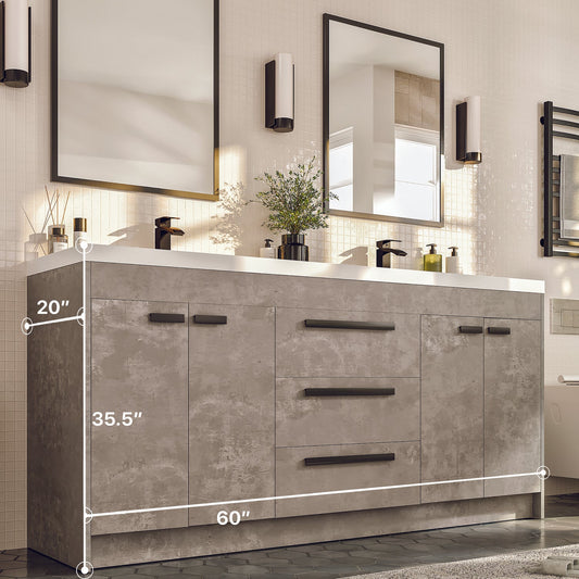 Lugano 60"W x 20"D Cement Gray Double Sink Bathroom Vanity with Acrylic Countertop and Integrated Sink