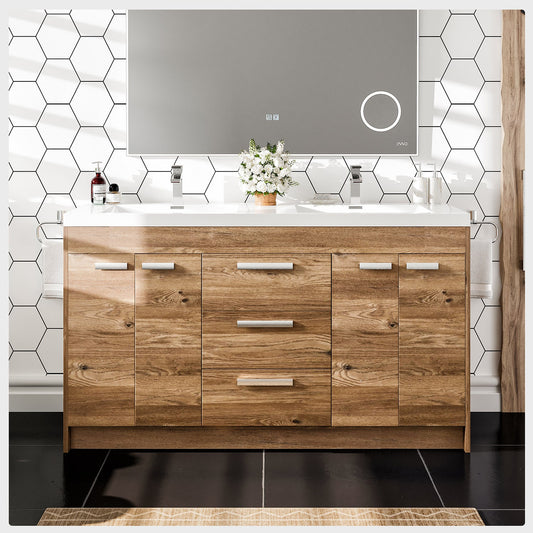 Lugano 60"W x 20" D Natural Oak Double Sink Bathroom Vanity with Acrylic Countertop and Integrated Sink