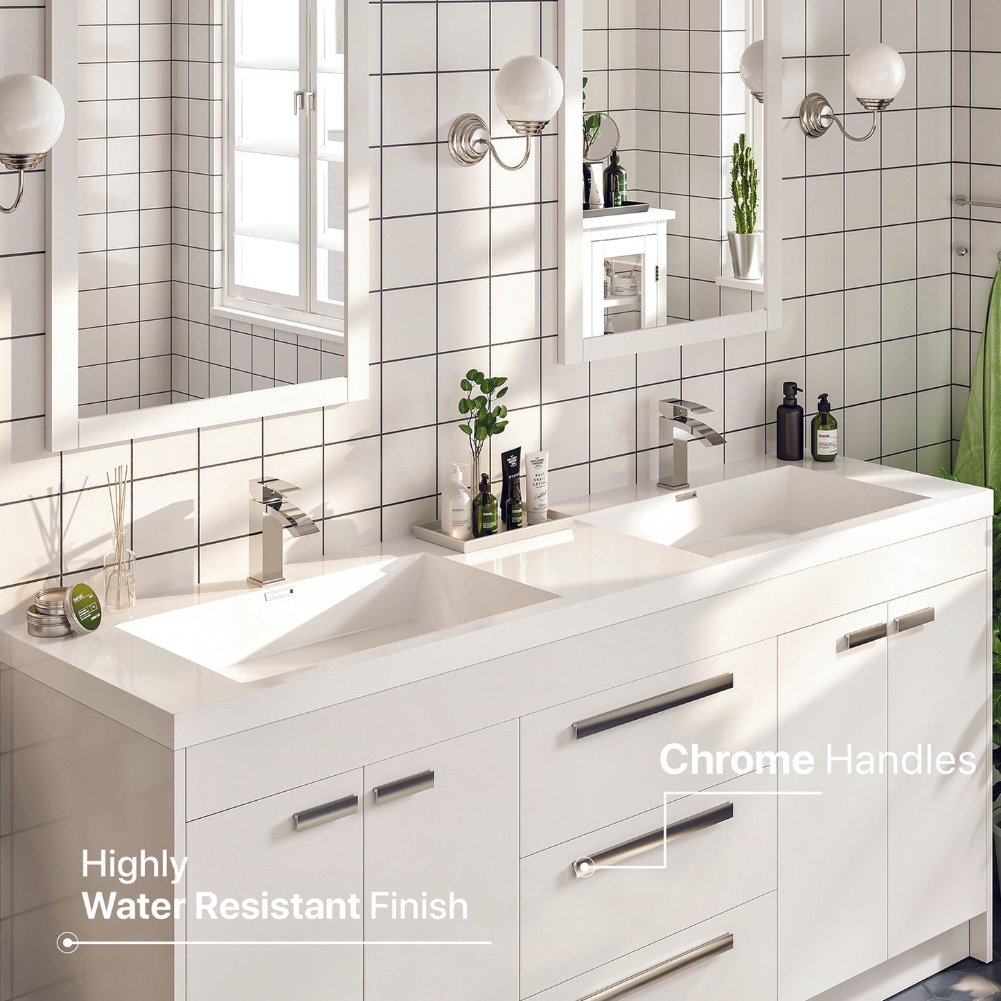 Lugano 60"W x 20" D White Double Sink Bathroom Vanity with Acrylic Countertop and Integrated Sink