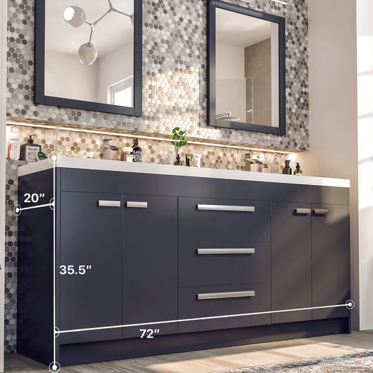 Lugano 72"W x 20" D Gray Double Sink Bathroom Vanity with Acrylic Countertop and Integrated Sink
