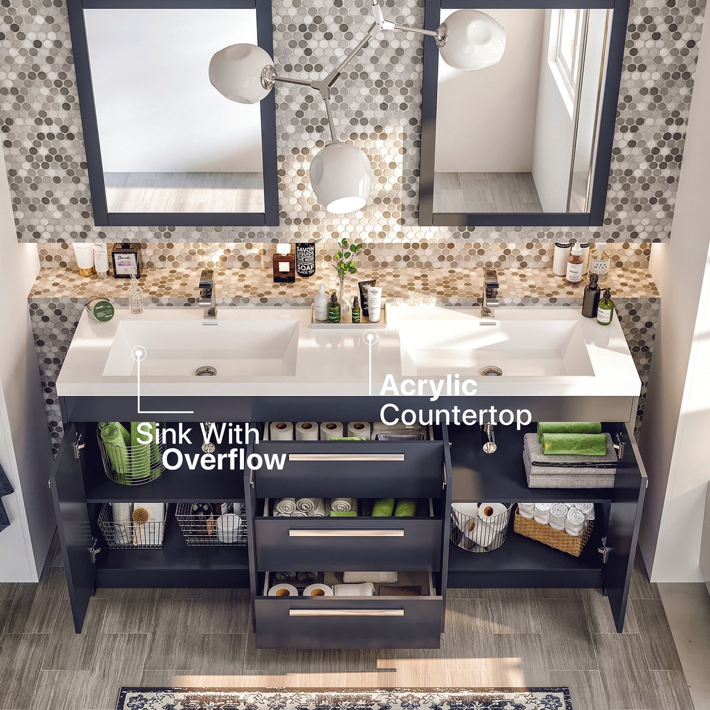 Lugano 72"W x 20"D Gray Double Sink Bathroom Vanity with Acrylic Countertop and Integrated Sink