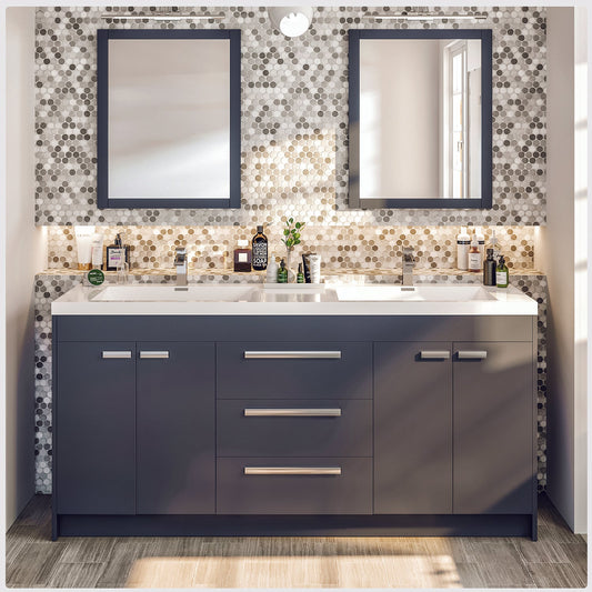 Lugano 72"W x 20" D Gray Double Sink Bathroom Vanity with Acrylic Countertop and Integrated Sink