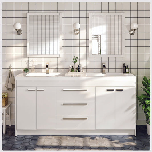 Lugano 72"W x 20" D White Double Sink Bathroom Vanity with Acrylic Countertop and Integrated Sink
