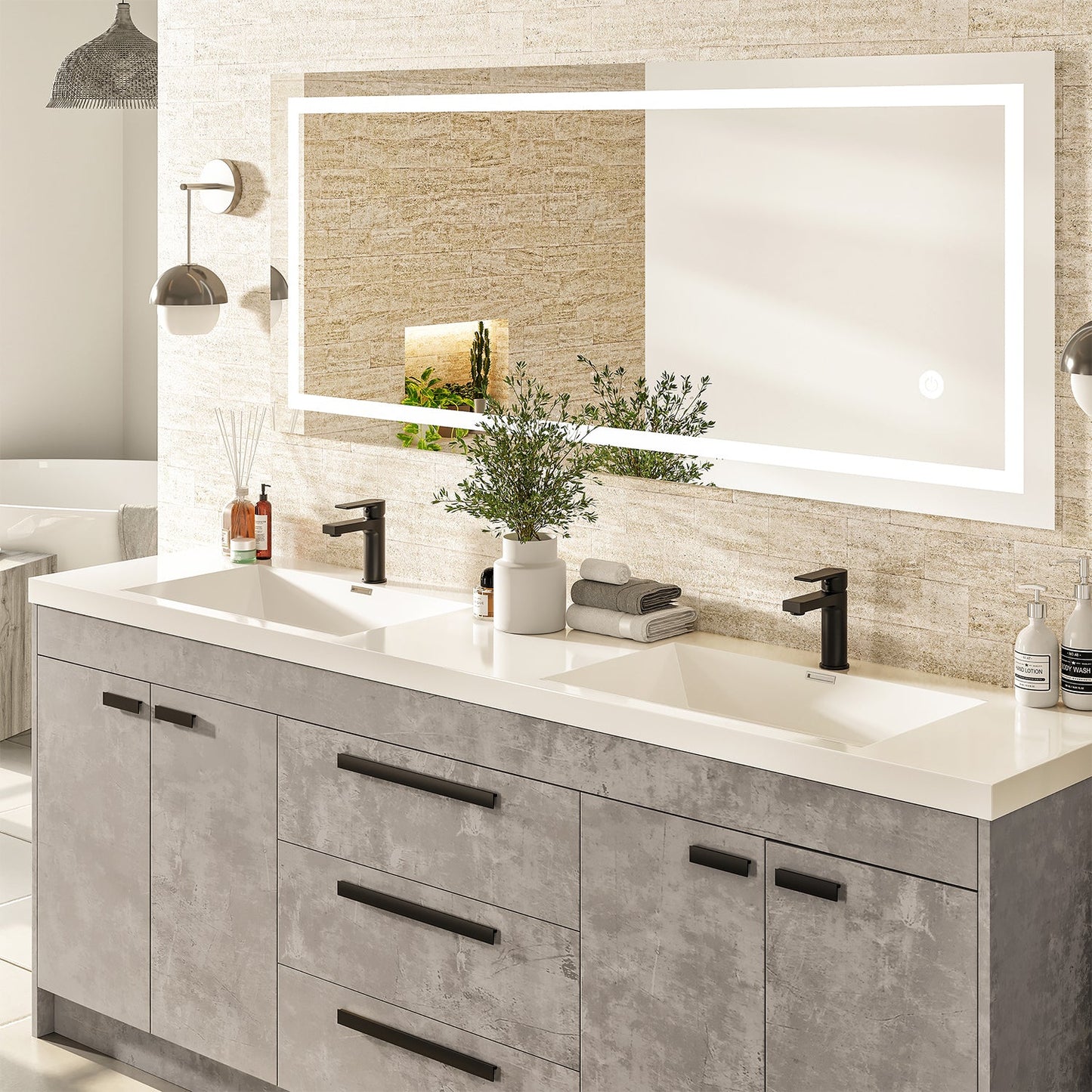 Lugano 84"W x 20" D Cement Gray Double Sink Bathroom Vanity with Acrylic Countertop and Integrated Sink
