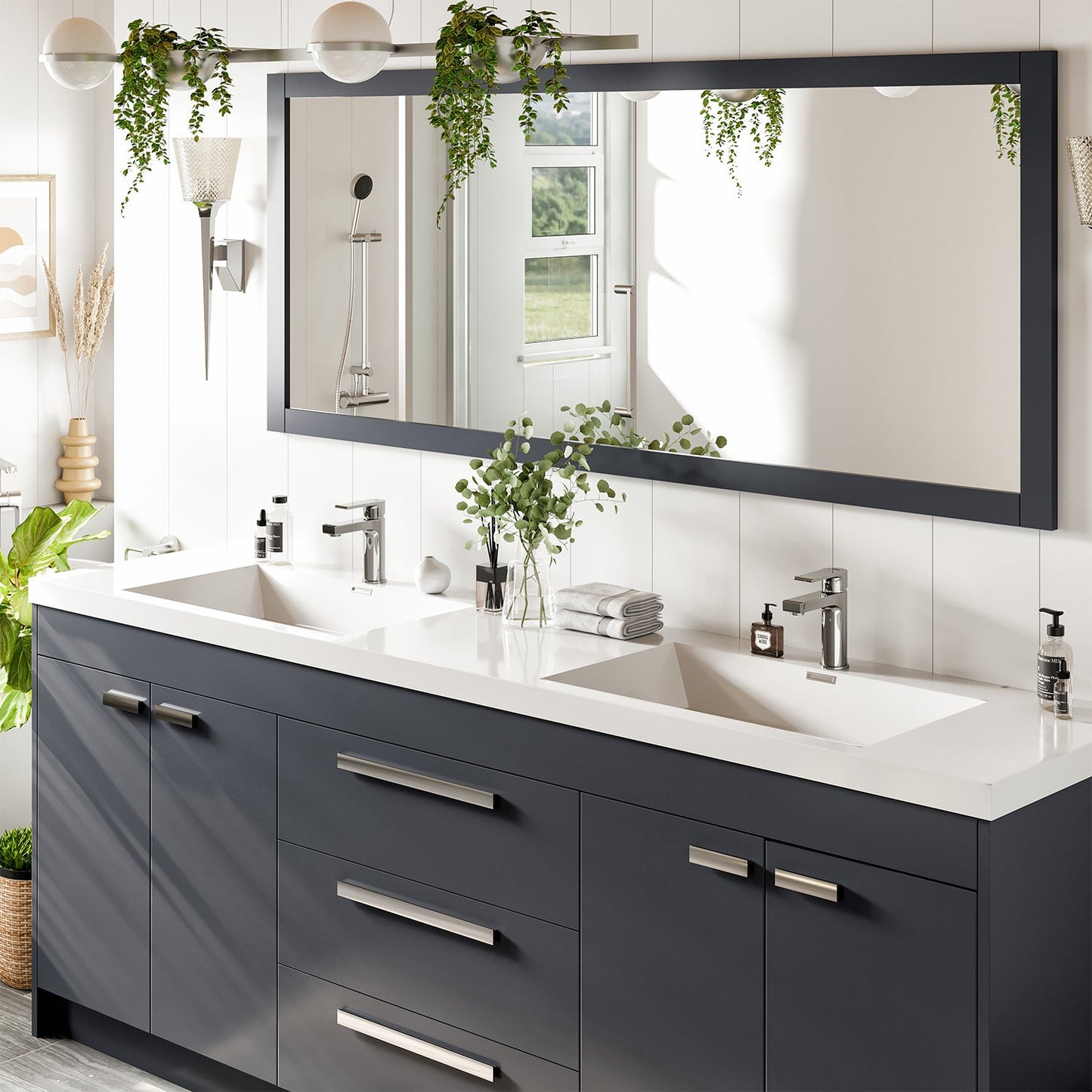 Lugano 84"W x 20" D Gray Double Sink Bathroom Vanity with Acrylic Countertop and Integrated Sink