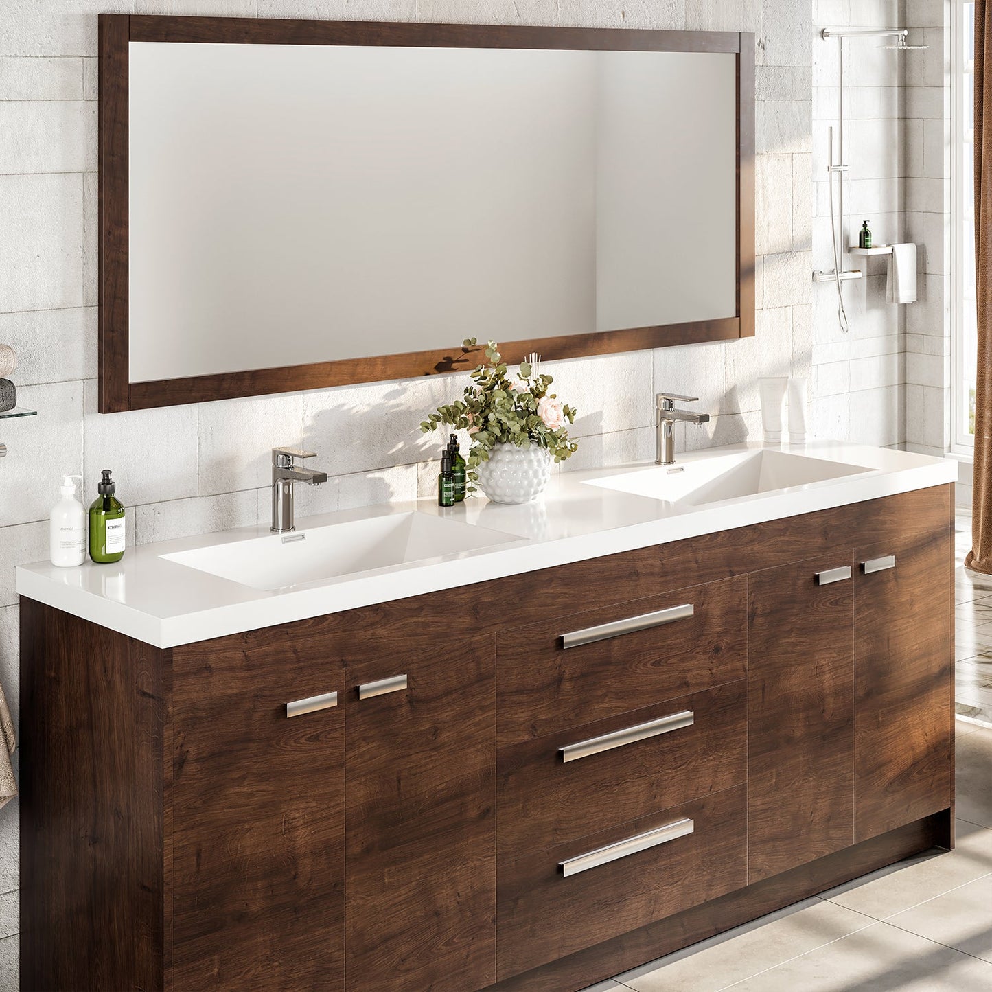 Lugano 84"W x 20" D Rosewood Double Sink Bathroom Vanity with Acrylic Countertop and Integrated Sink