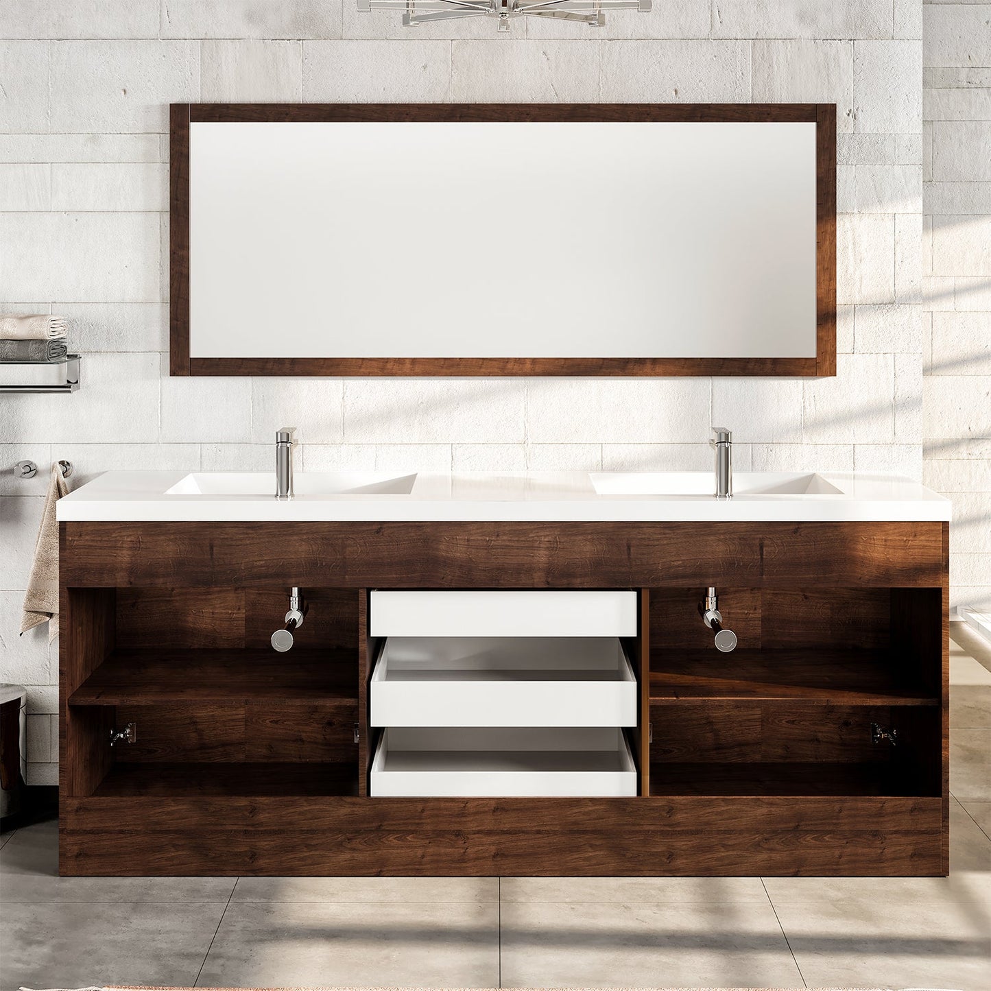 Lugano 84"W x 20" D Rosewood Double Sink Bathroom Vanity with Acrylic Countertop and Integrated Sink