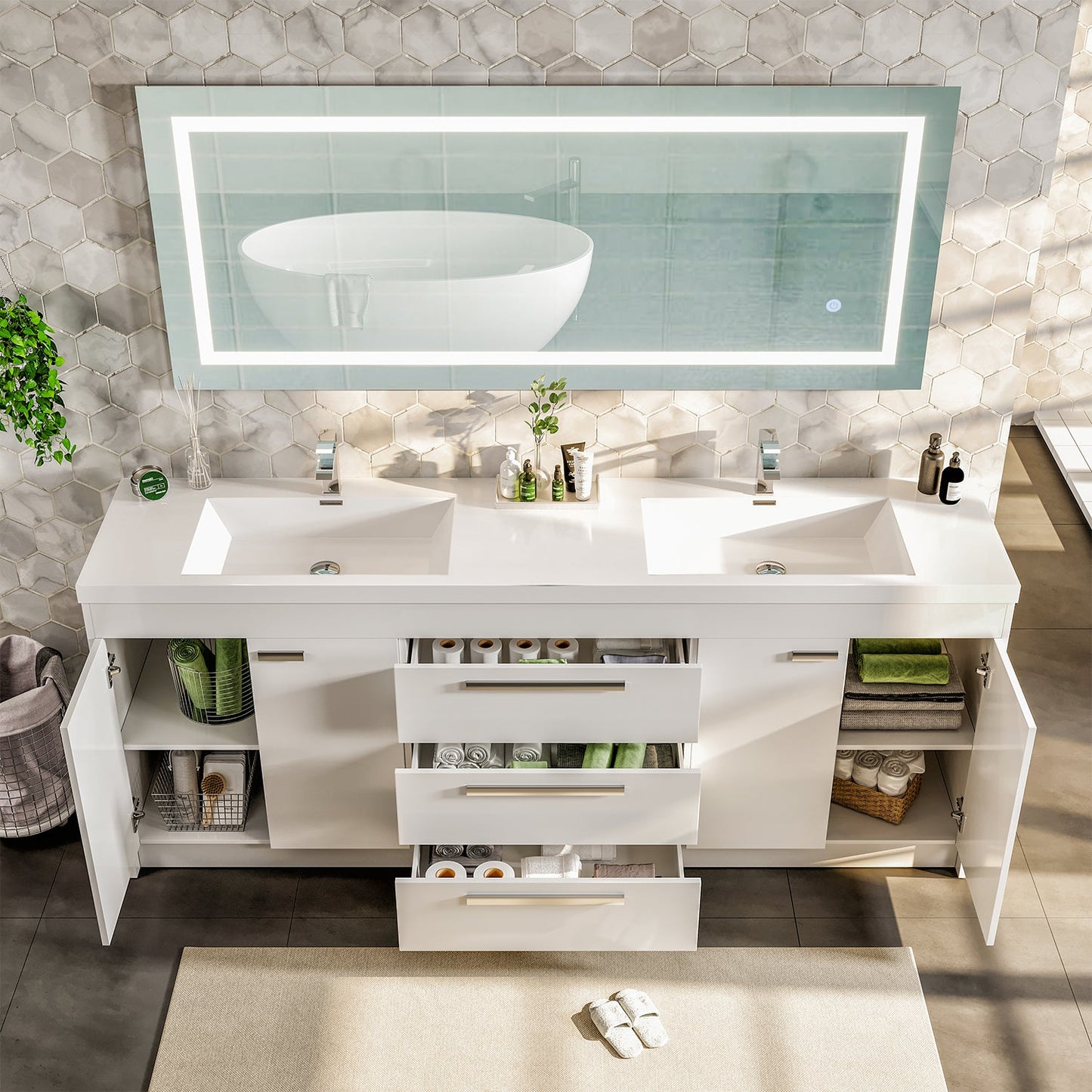 Lugano 84"W x 20" D White Double Sink Bathroom Vanity with Acrylic Countertop and Integrated Sink