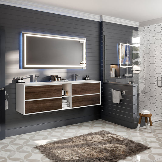 Vienna 75"W x 21"D Gray Oak/White Double Sink Wall Mount Bathroom Vanity with Acrylic Countertop and Integrated Sink