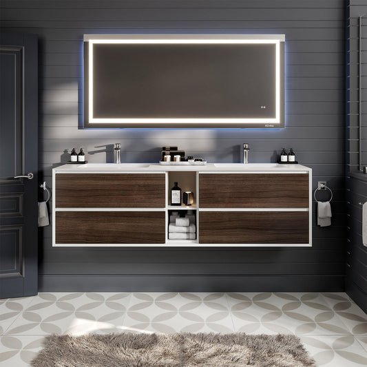 Vienna 75"W x 21"D Gray Oak/White Double Sink Wall Mount Bathroom Vanity with Acrylic Countertop and Integrated Sink