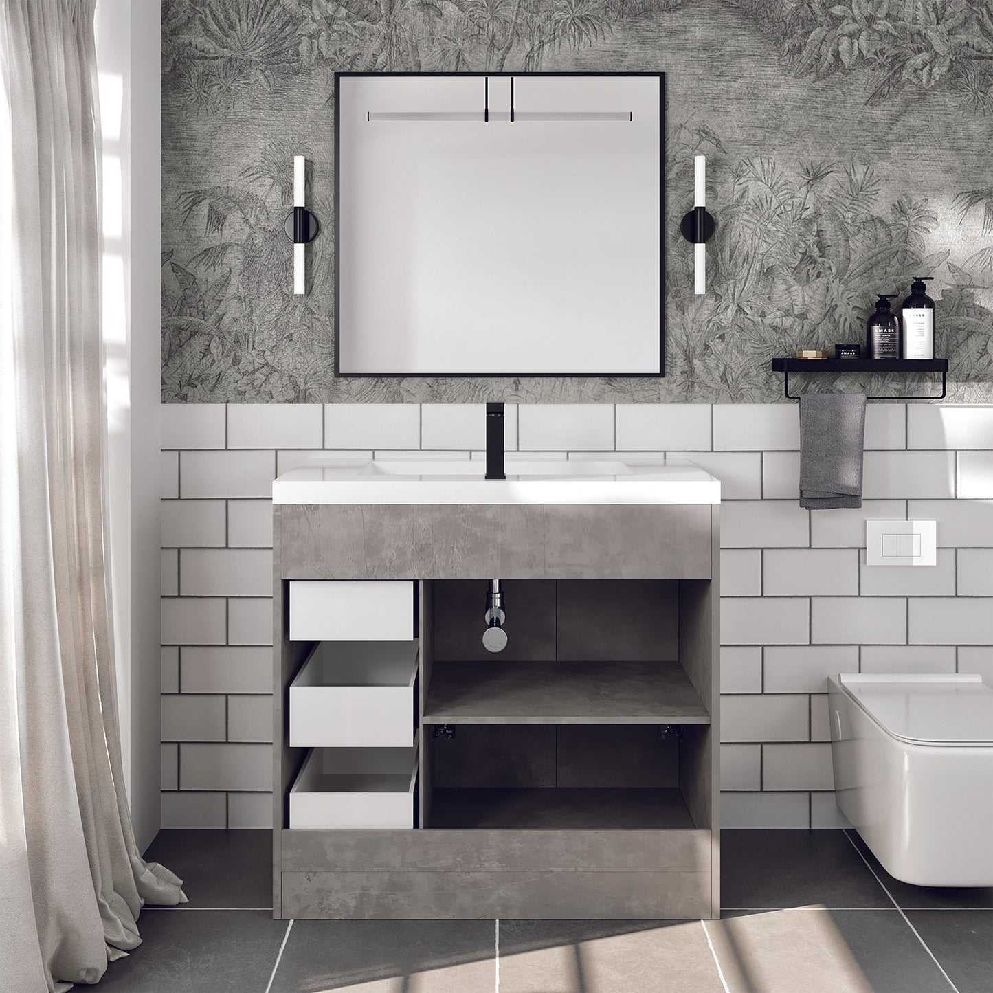 Lugano 36"W x 20" D Cement Gray Bathroom Vanity with Acrylic Countertop and Integrated Sink