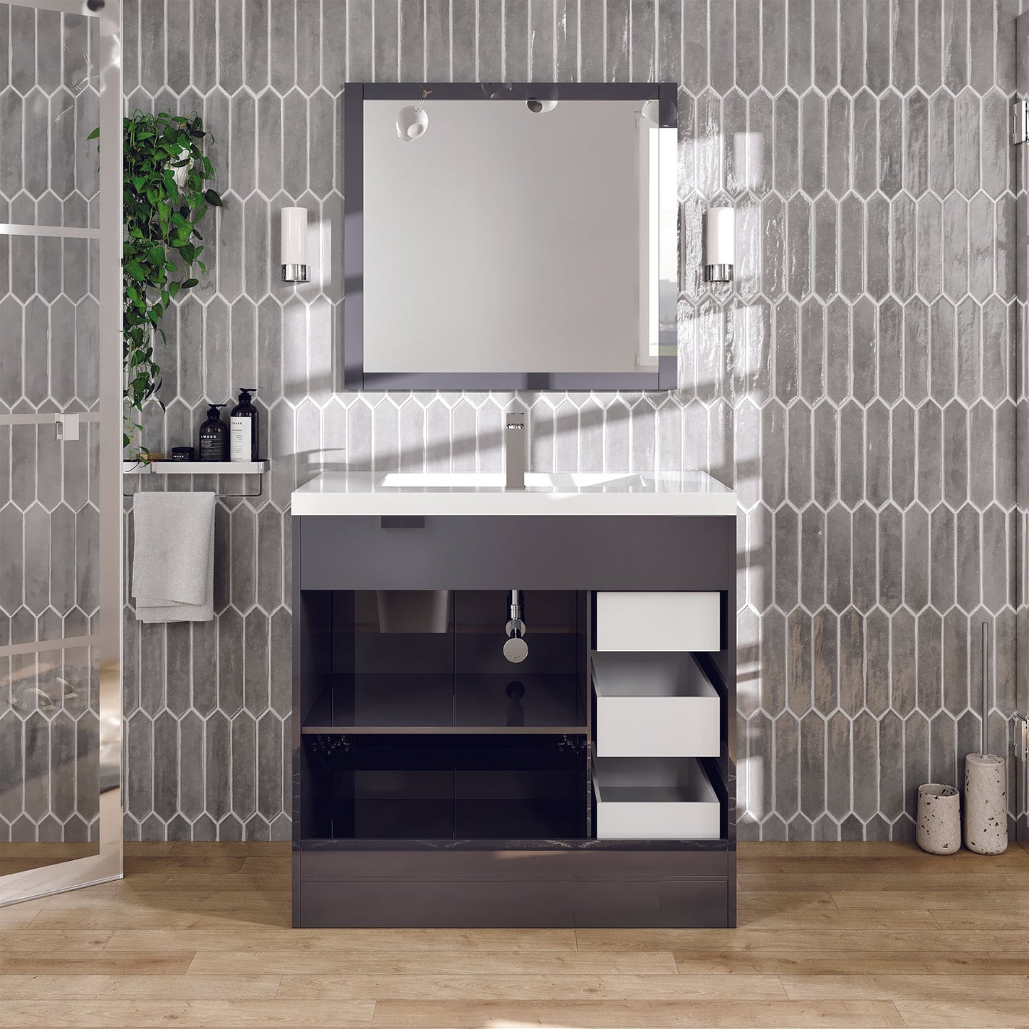 Lugano 36"W x 20" D Gray Bathroom Vanity with Acrylic Countertop and Integrated Sink