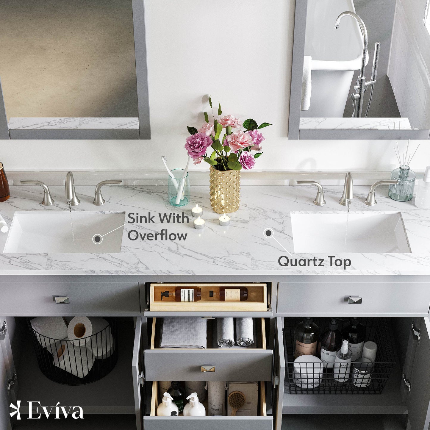 Artemis 60"W x 22"D Gray Double Sink Bathroom Vanity with Carrara Quartz Countertop and Undermount Porcelain Sink