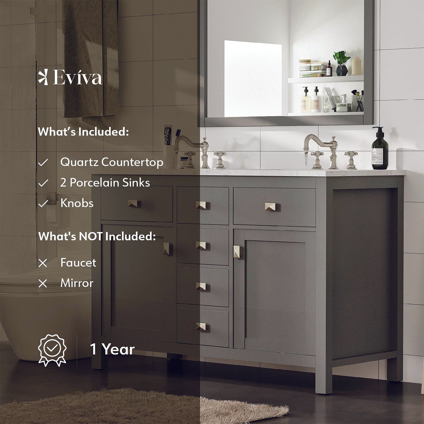 Artemis 48"W x 22"D Gray Double Sink Bathroom Vanity with Carrara Quartz Countertop and Undermount Porcelain Sink
