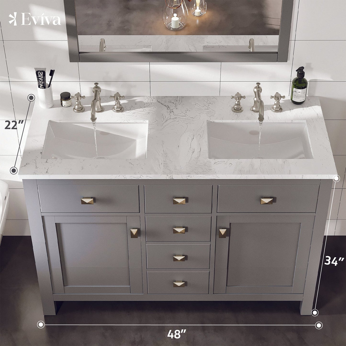 Artemis 48"W x 22"D Gray Double Sink Bathroom Vanity with Carrara Quartz Countertop and Undermount Porcelain Sink