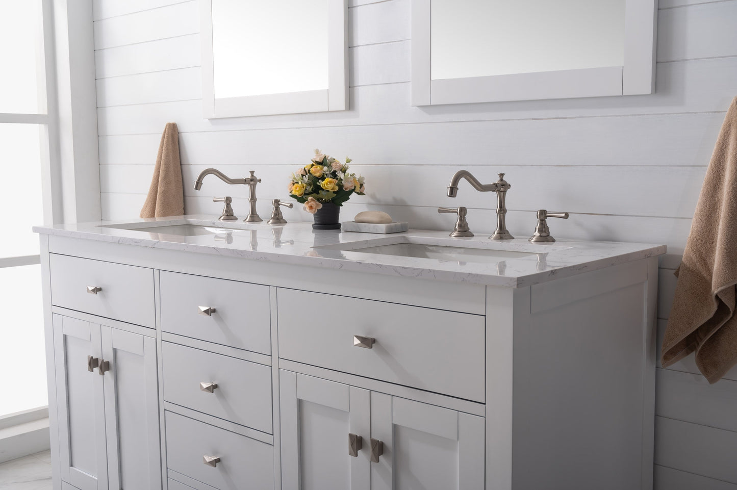 Artemis 60"W x 22"D White Double Sink Bathroom Vanity with Carrara Quartz Countertop and Undermount Porcelain Sink