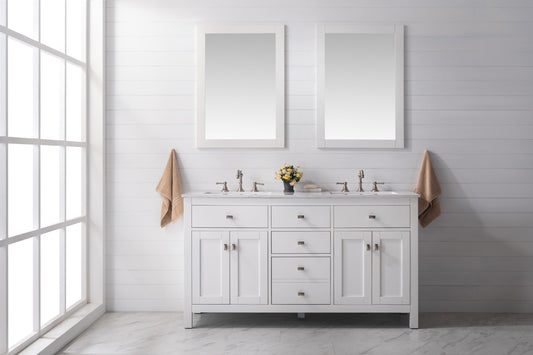 Totti Artemis 60" White Transitional Double Sink Bathroom Vanity w/ White Carrara Style Man-Made Stone Top