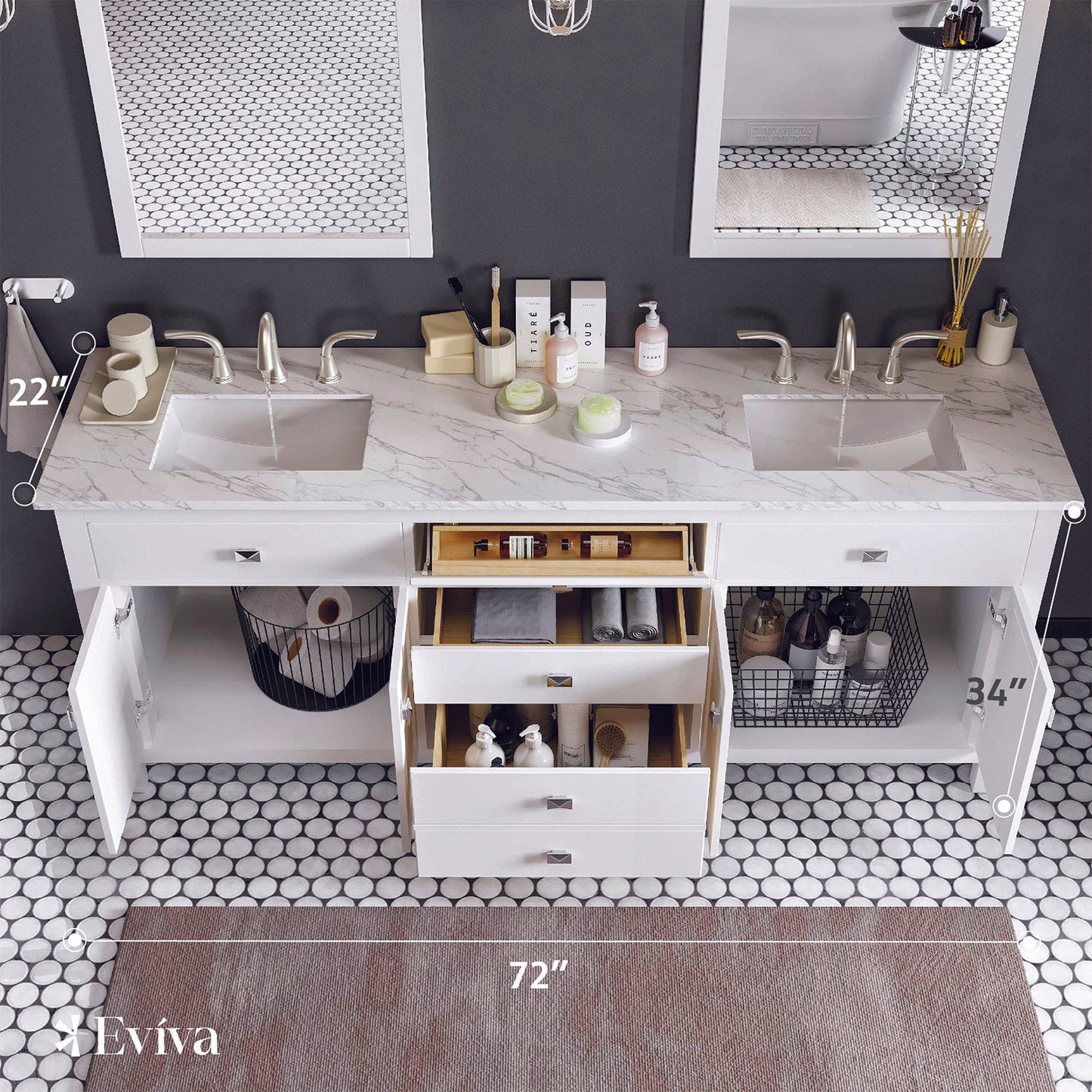 Artemis 72"W x 22"D White Double Sink Bathroom Vanity with Carrara Quartz Countertop and Undermount Porcelain Sink