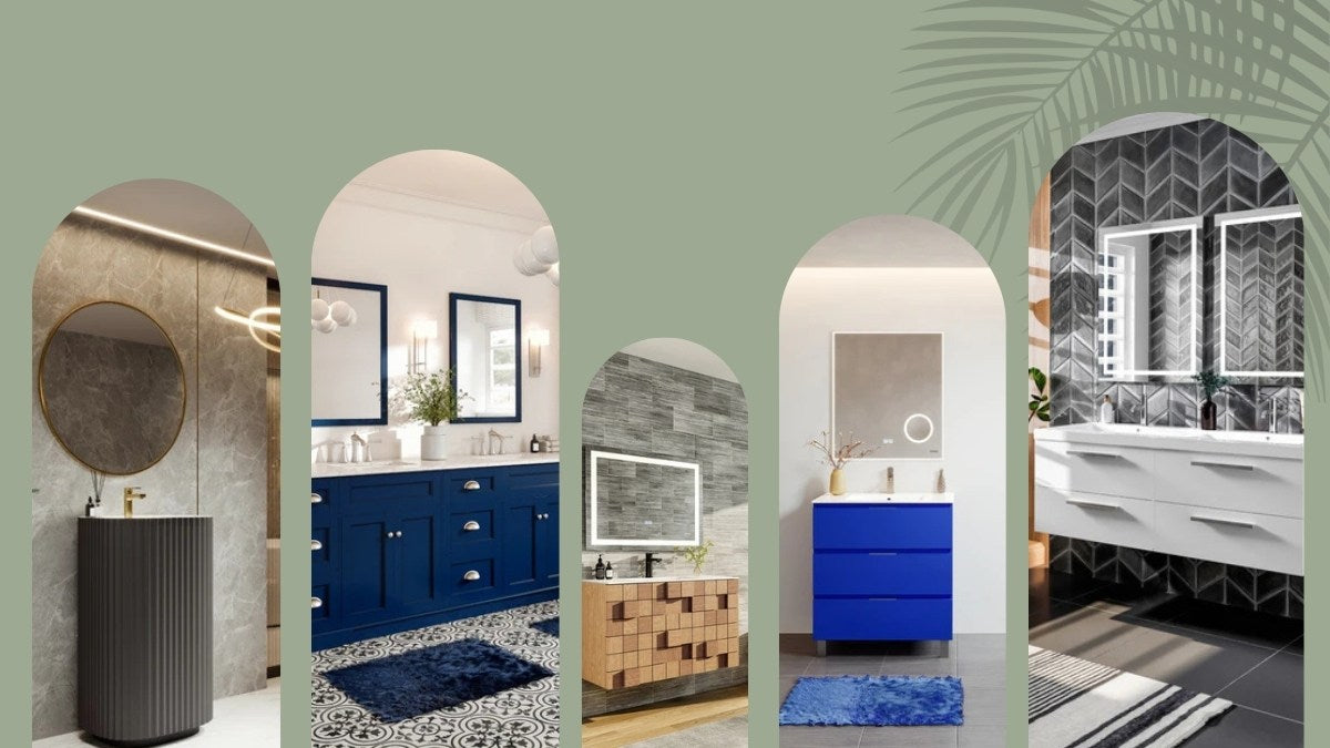 A collage of stylish bathrooms showcasing modern vanities with fixtures, bold colors, and unique designs