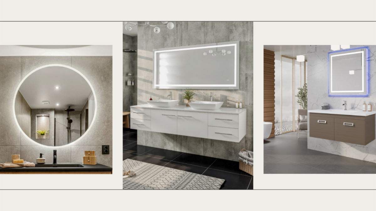 Three stylish bathroom designs featuring Eviva modern fixtures, elegant LED mirrors, and chic vanities with varied color palettes.