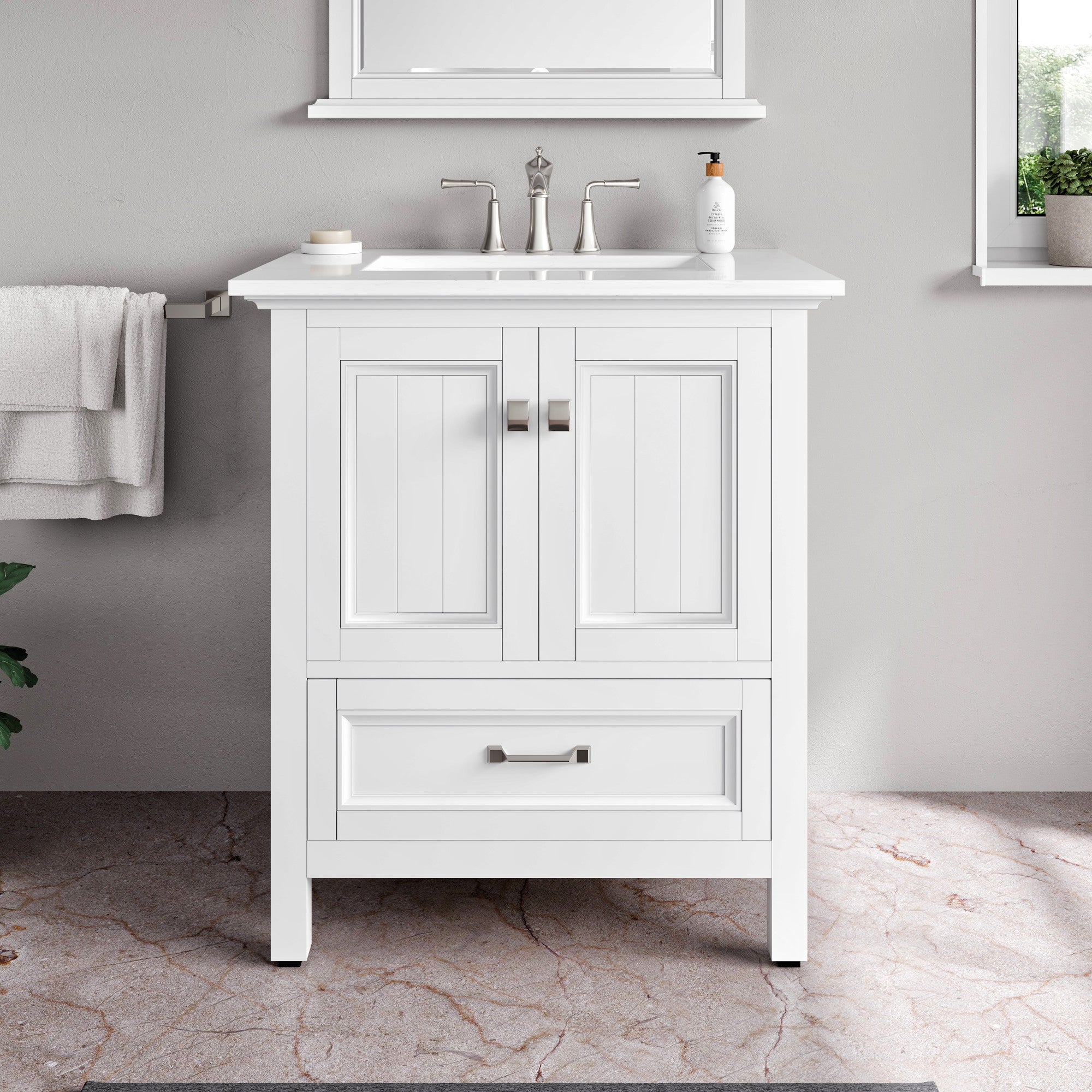 Britney 30 in. White Single Sink Bath Vanity with Carrara Quartz Top and Undermount Porcelain Sink - Bathroom Vanity by Eviva