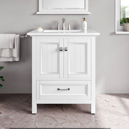 Britney 30 in. White Single Sink Bath Vanity with Carrara Quartz Top and Undermount Porcelain Sink - Bathroom Vanity by Eviva
