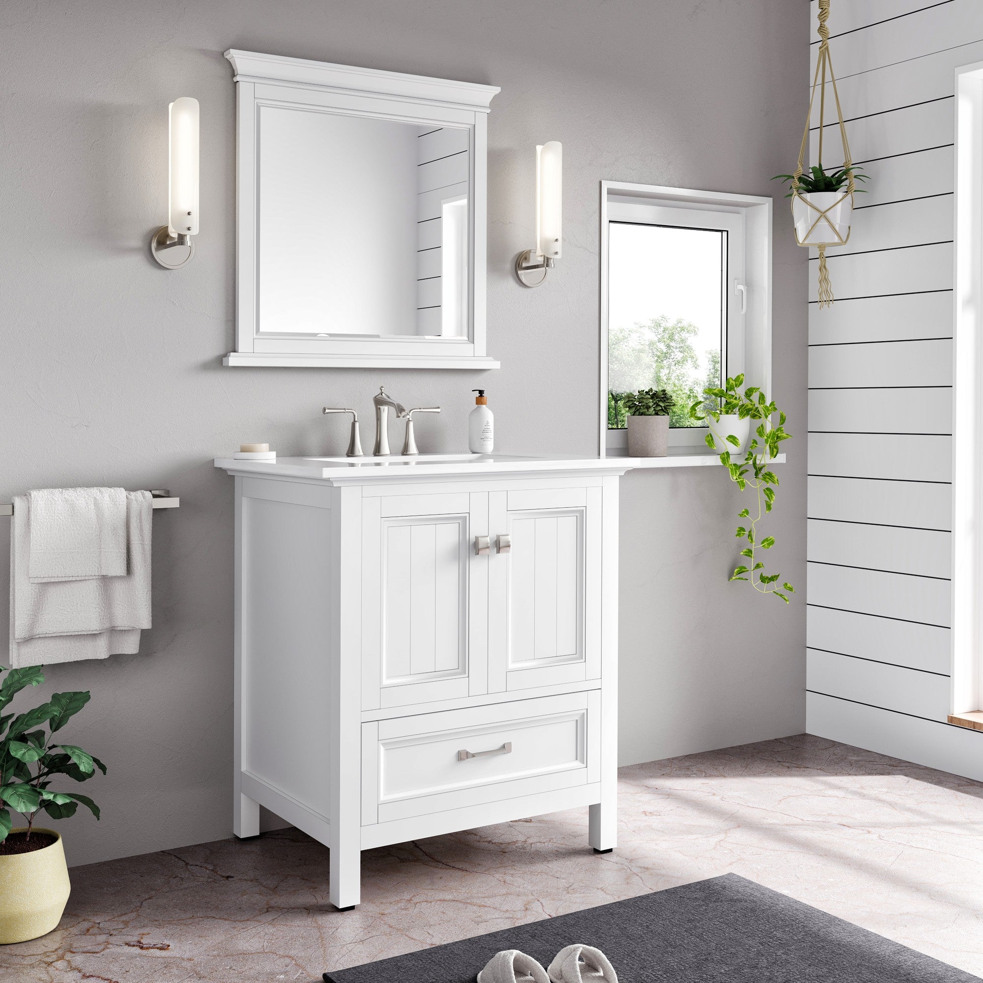 Britney 30 in. White Single Sink Bath Vanity with Carrara Quartz Top and Undermount Porcelain Sink - Bathroom Vanity by Eviva
