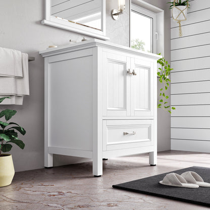 Britney 30 in. White Single Sink Bath Vanity with Carrara Quartz Top and Undermount Porcelain Sink - Bathroom Vanity by Eviva