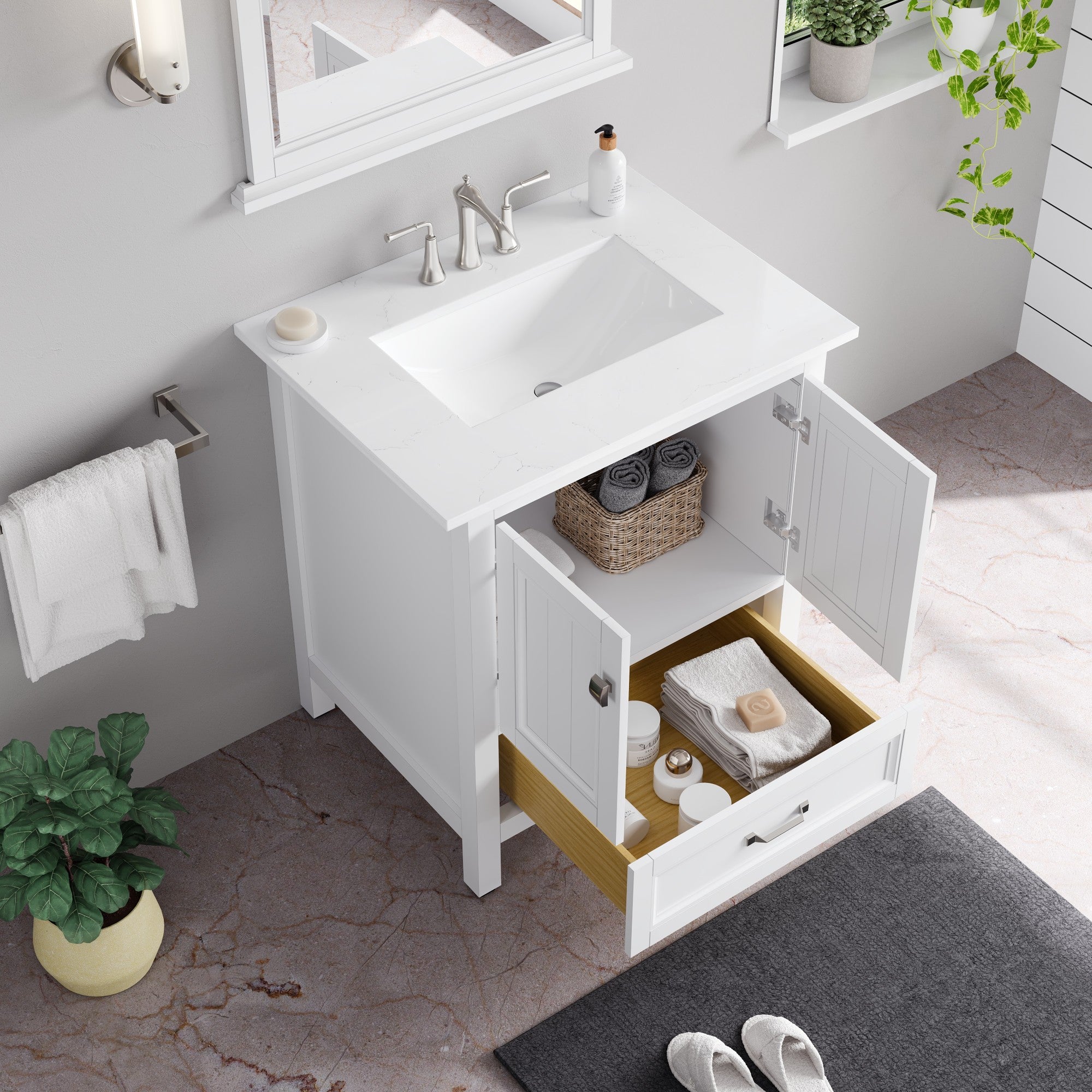 Britney 30 in. White Single Sink Bath Vanity with Carrara Quartz Top and Undermount Porcelain Sink - Bathroom Vanity by Eviva