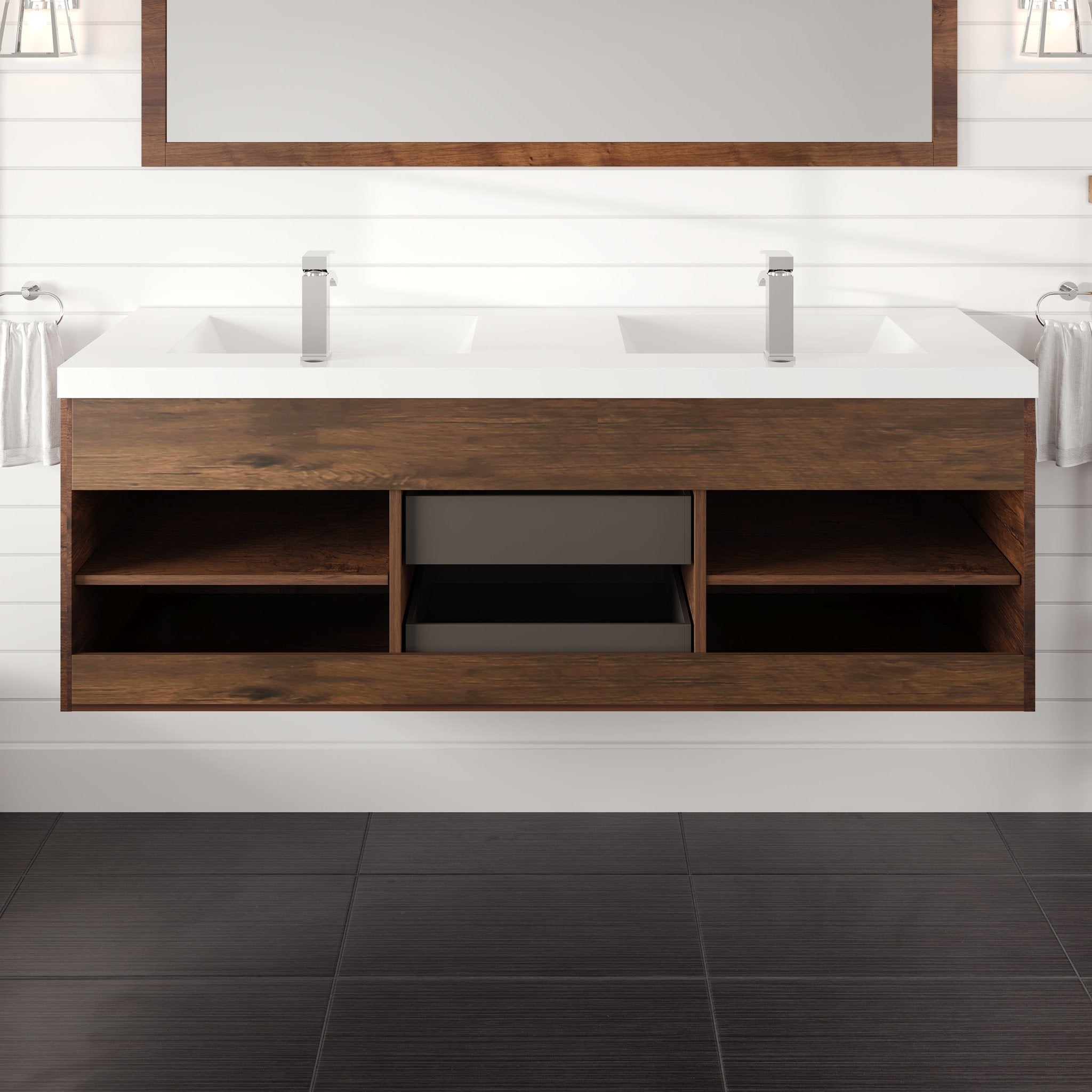 Lugano 60 in. Rosewood Wall Mount Double Sink Bath Vanity with Acrylic Top and Integrated Sinks - Bathroom Vanity by Eviva
