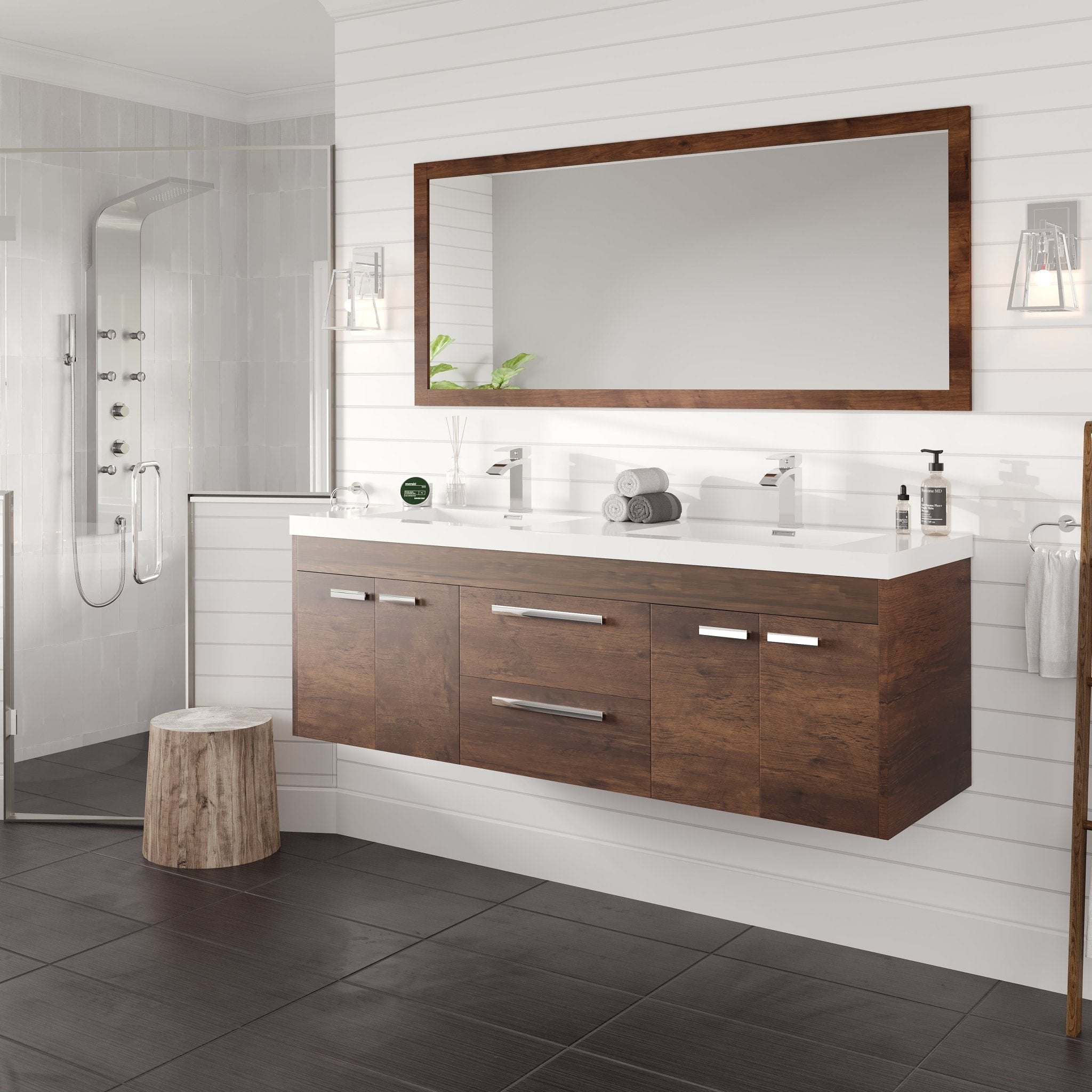 Lugano 60 in. Rosewood Wall Mount Double Sink Bath Vanity with Acrylic Top and Integrated Sinks - Bathroom Vanity by Eviva