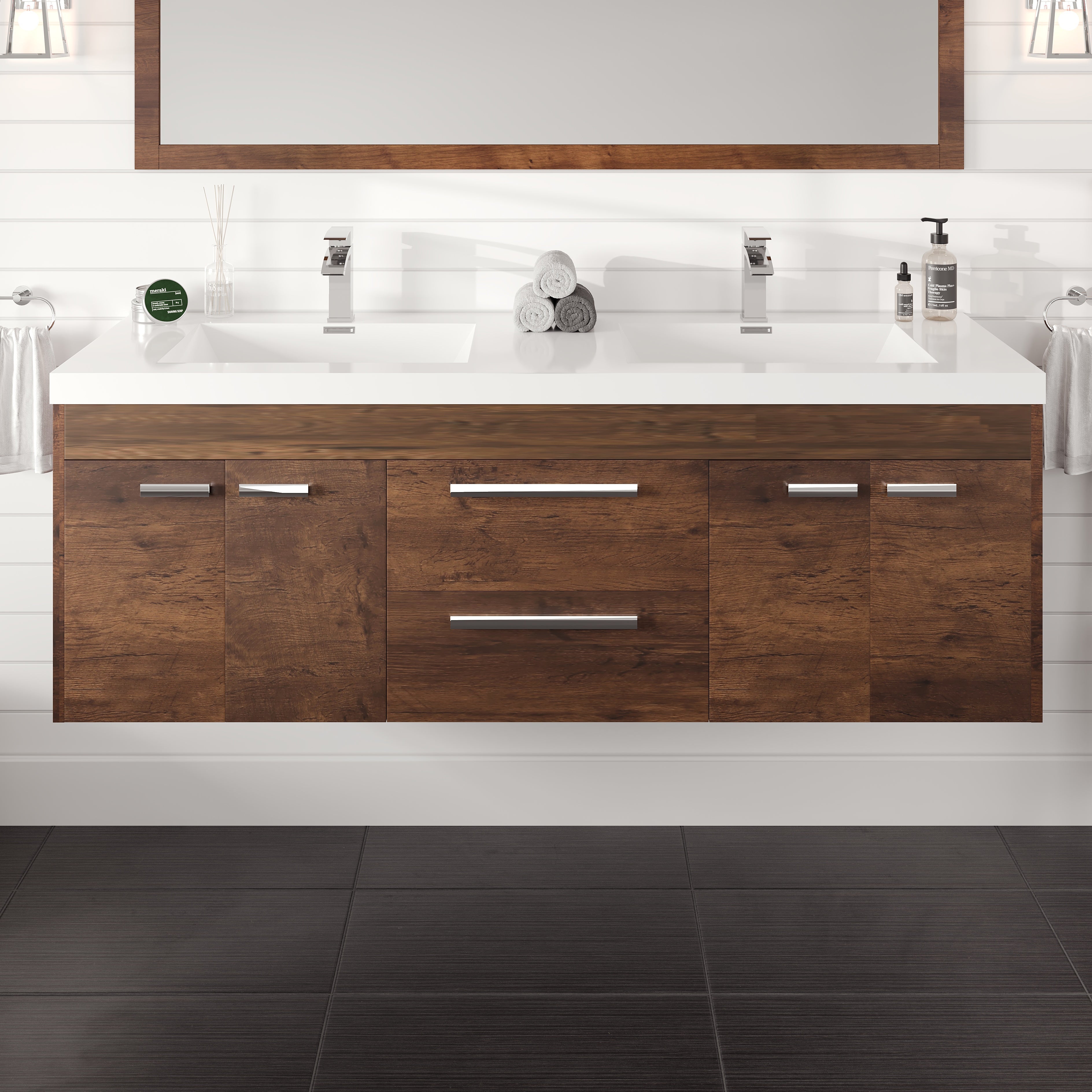 A modern rosewood brown wall mount double sink bathroom vanity with acrylic top and integrated sinks, featuring silver handles and hardware.