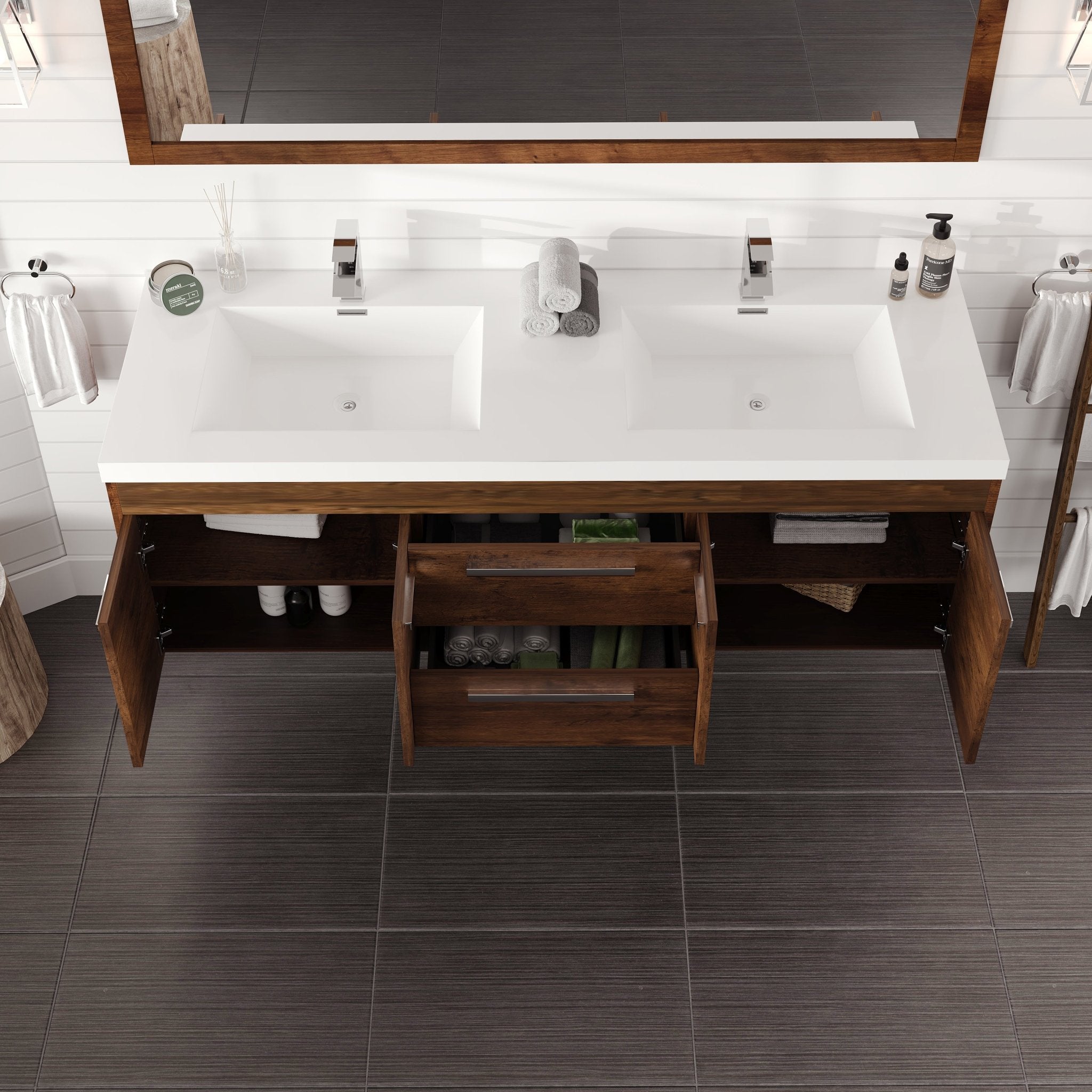 Lugano 60 in. Rosewood Wall Mount Double Sink Bath Vanity with Acrylic Top and Integrated Sinks - Bathroom Vanity by Eviva