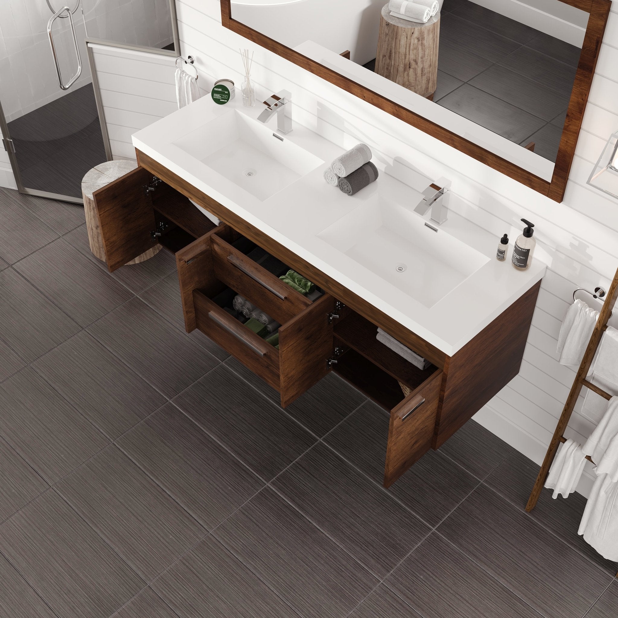 Lugano 60 in. Rosewood Wall Mount Double Sink Bath Vanity with Acrylic Top and Integrated Sinks - Bathroom Vanity by Eviva